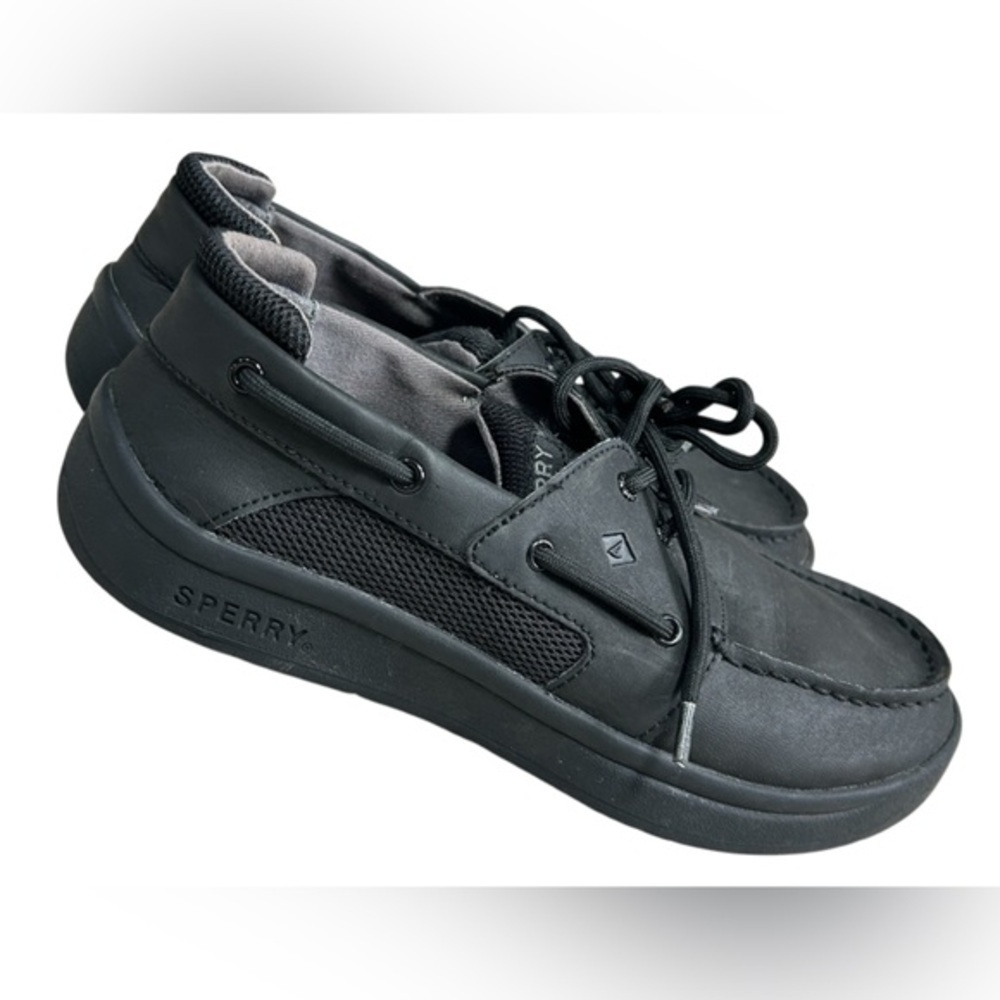 Sperry Convoy Black Leather Top Slider Memory Foam Casual Boat Shoes, Size 6M